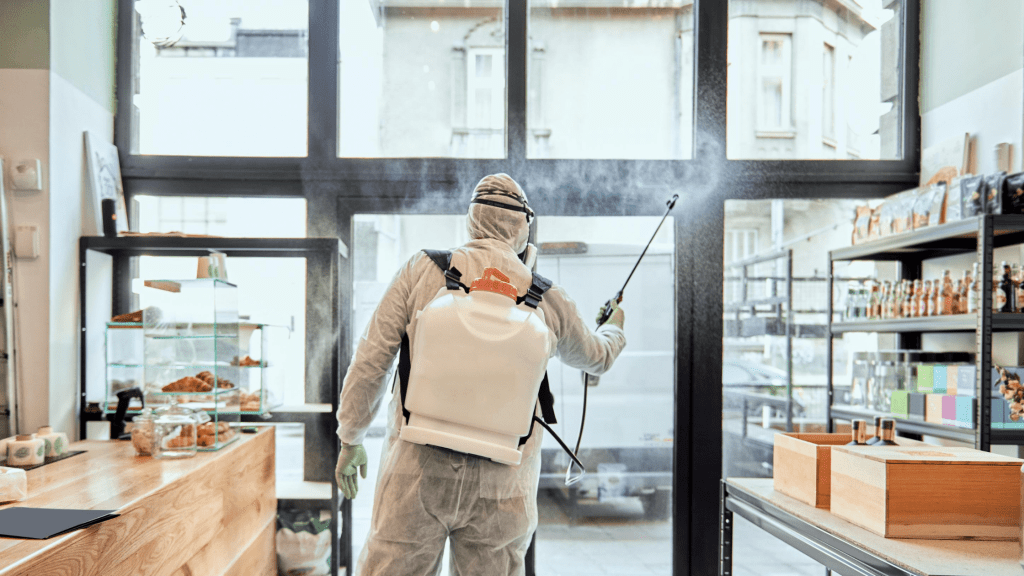 a person in a hazmat suit spraying a window